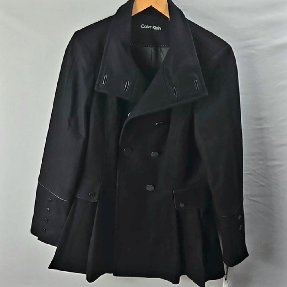 Calvin Klein Women's Black Wool Blend Belted Double Breasted Trench Coat Sz 10P